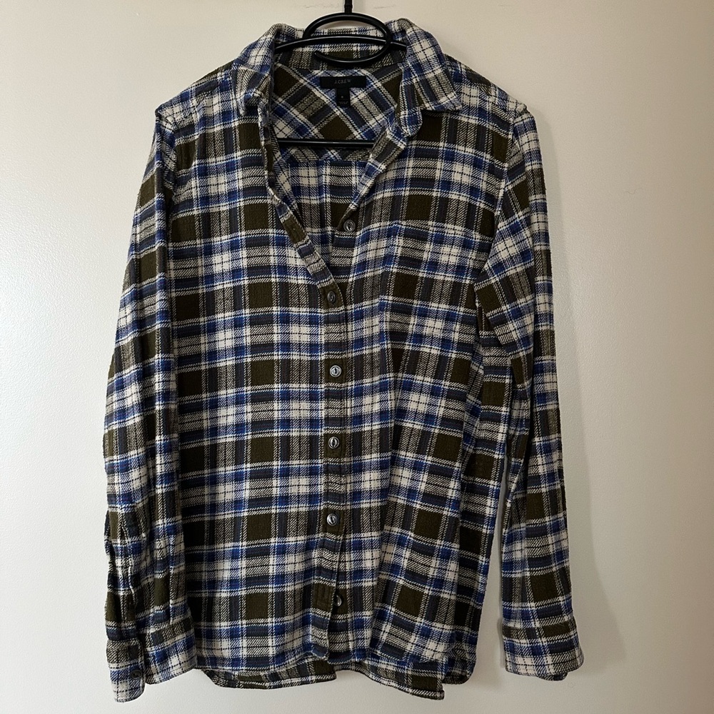 J. Crew Olive Green Blue and White Plaid Button-Down Shirt